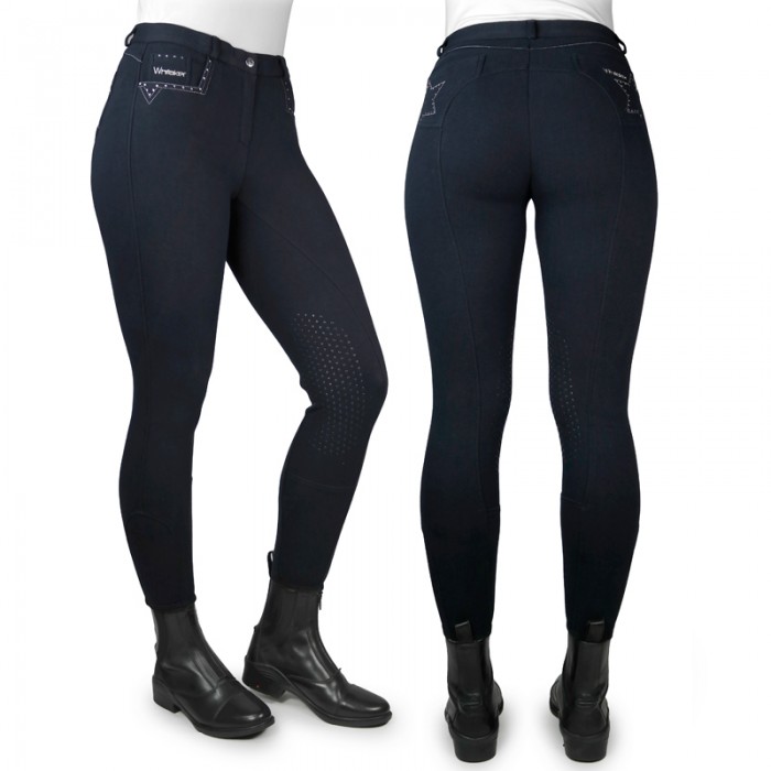 John Whitaker Ladies Stretch Riding Tights in Steel Colour with 3D Silicone Printed Knee Patches 2 x Phone Pockets Athleisure Wear 